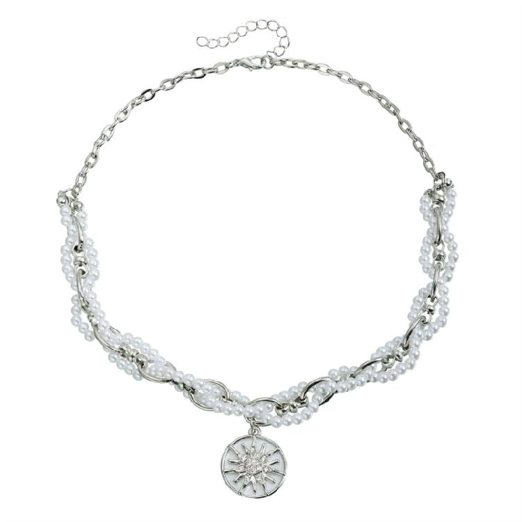 Celestials Inspired Layer Chain Necklace With Crystals Accent Imitation Pearls Clasp Adjustable Length