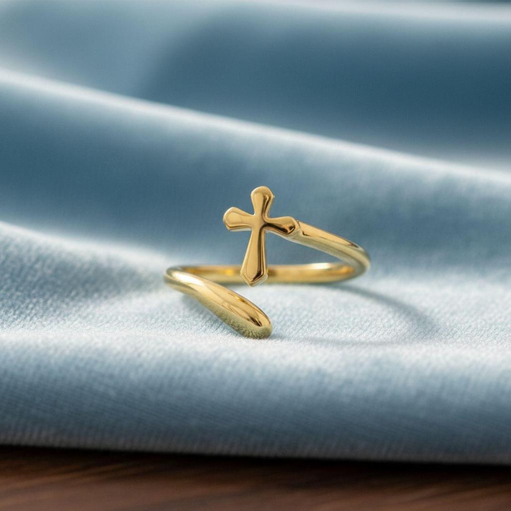 925 Sterling Silver Gold Vermeil Open Cross Adjustable Women Ring