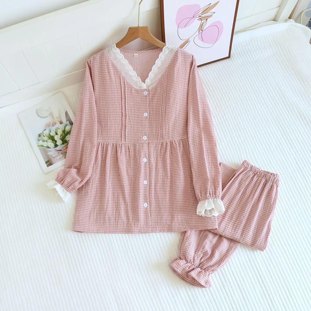 New Women's Pajamas Set 100% Cotton Edge Collar Small Plaid Long Sleeves Trousers Home Wear Two-piece Set