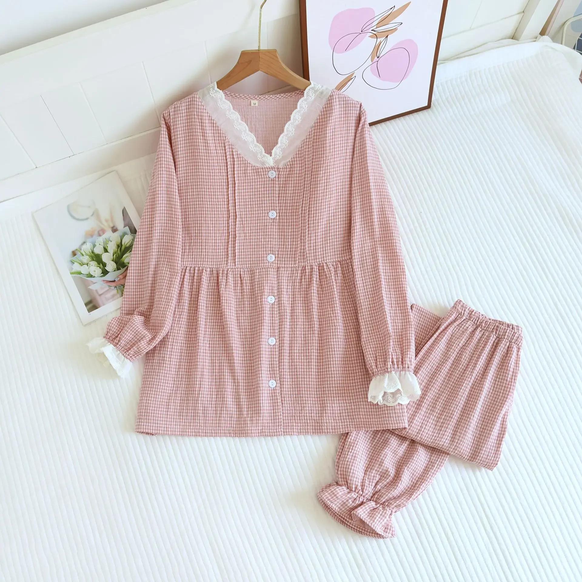 

2024 японский новый женский пижамный комплект из 100% хлопка с воротником-стойкой в мелкую сетку, с длинным рукавом, длинные брюки, домашняя одежда, комплект из двух предметов XL