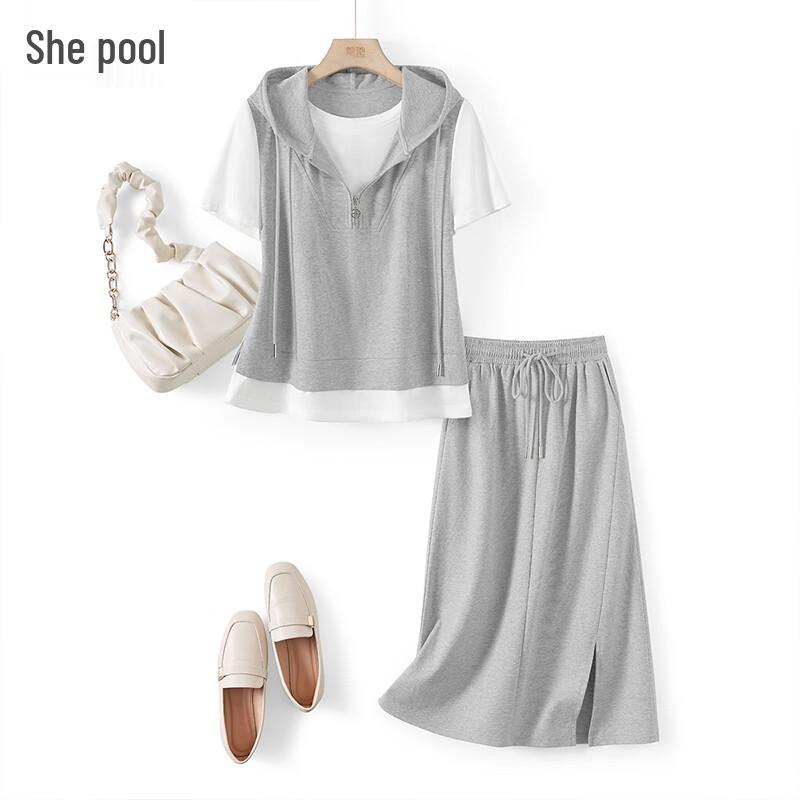 Women s Hooded Faux Two-Piece Top and Skirt Set XL