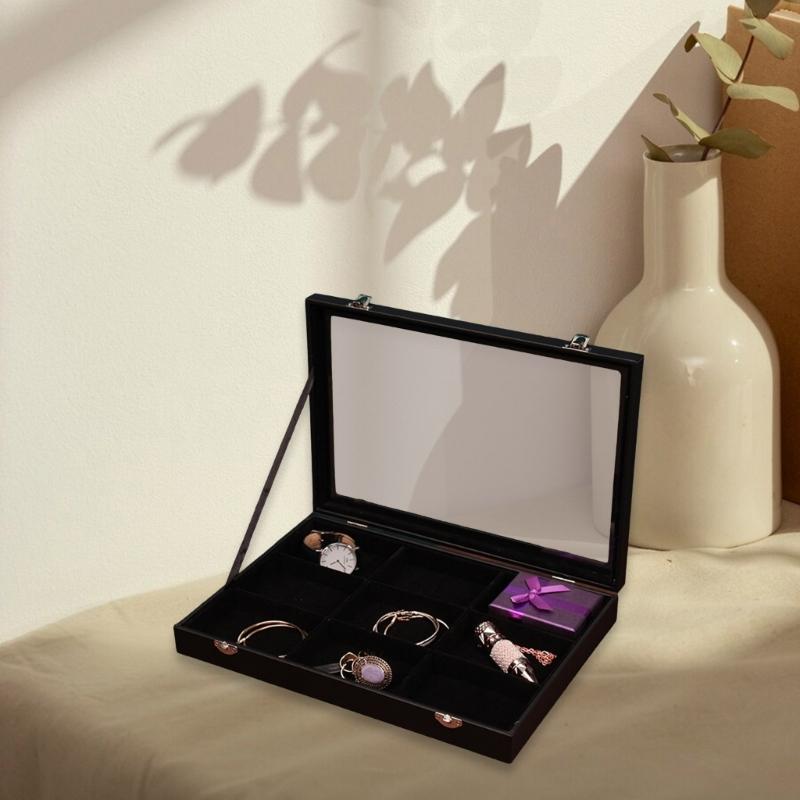 PU Smyckesdisplaylåda med genomskinligt lock Tillbehörsfodral Örhänge Ring Halsband Organizer för Modeentusiaster
