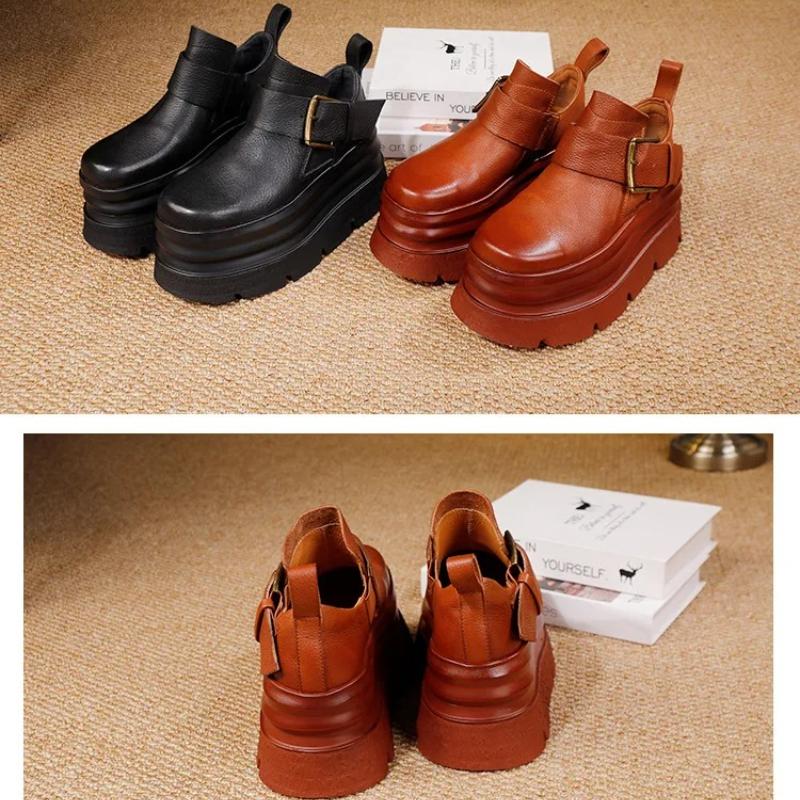 Johnature Platform Shoes Vintage Genuine Leather High Heels Women's Shoes Lightweight Height Increasing Shoes