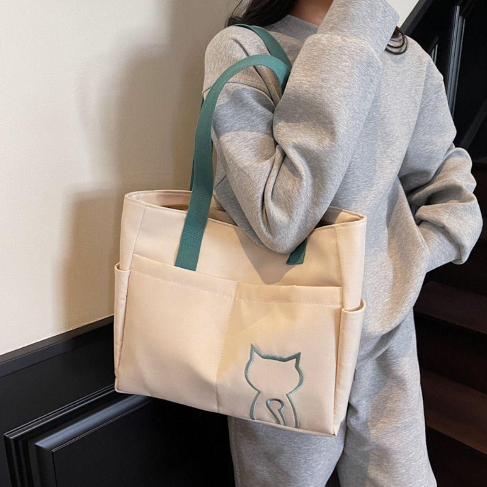 Embroidery Cat Nylon Tote Bag Multi-Pocket Nylon Shoulder Bag Portable Lightweight Eco Bag  Student