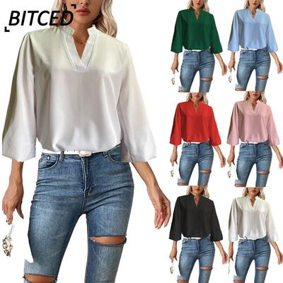 Women's Fashion Casual Solid Color Print Long Sleeve V Neck Blouses & Shirts