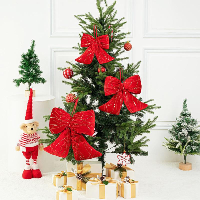 1PC Red Fireplace Bows with Glitter Surface Wreath Hanging Pendants Home Big Christmas Cloth Bows Ornaments Party 3 Sizes