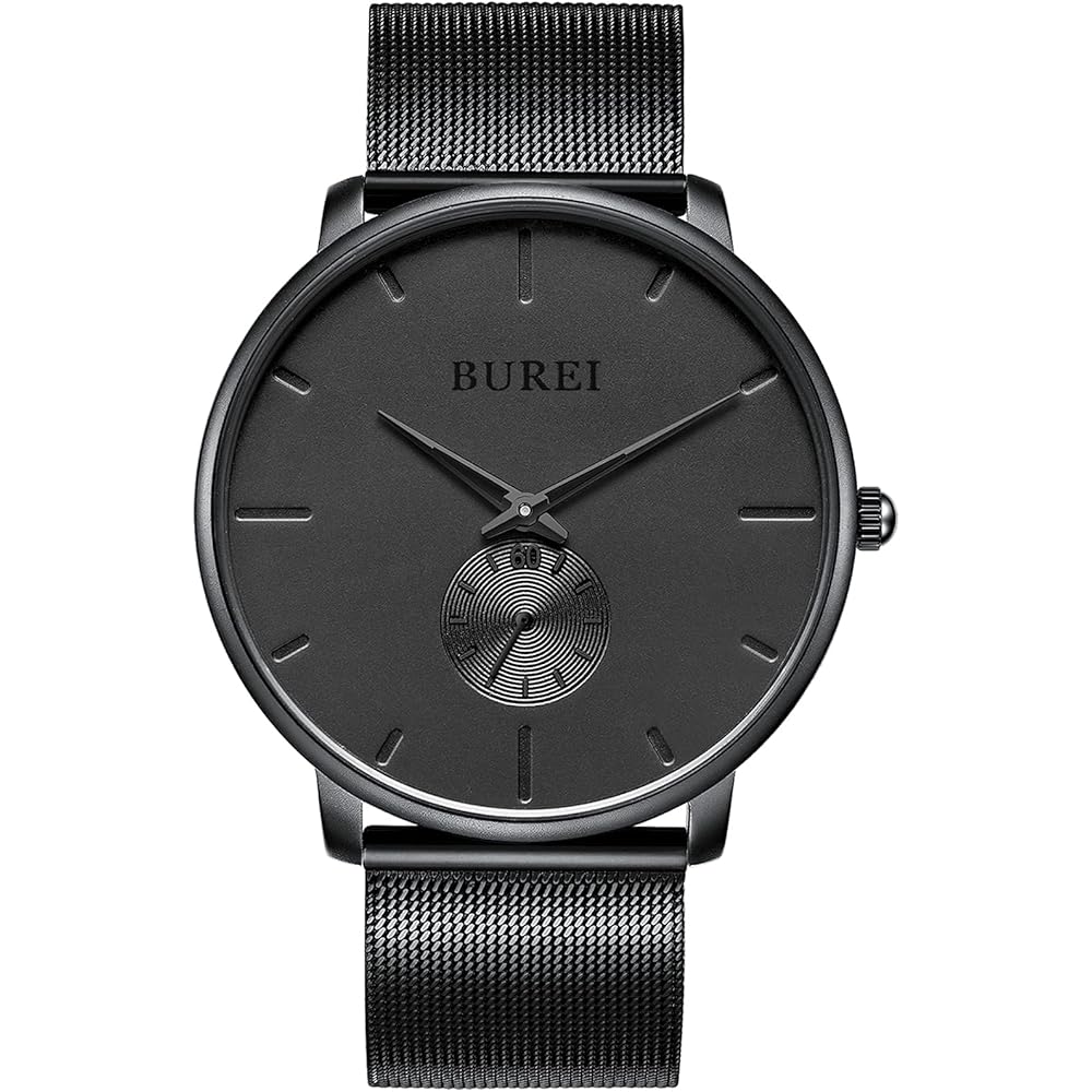 BUREI Men s Black Simple Stylish Watch Waterproof Stainless Steel Wristwatch