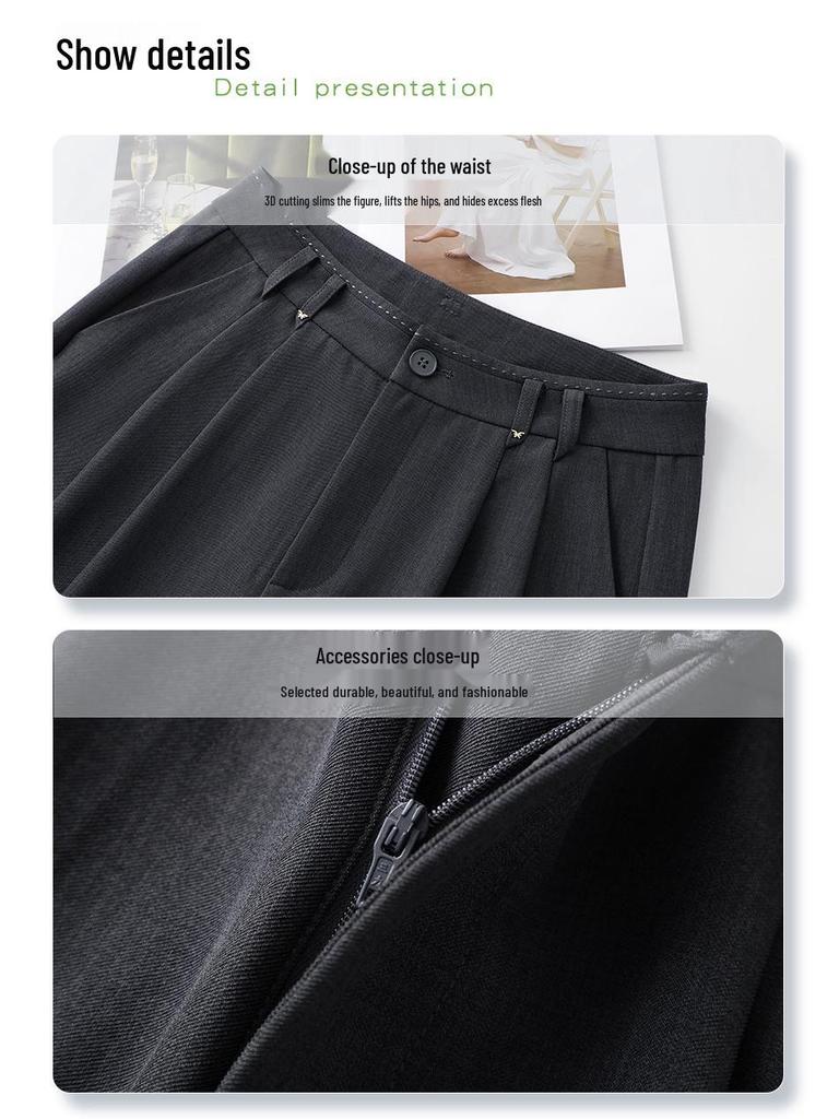 2025 Women's Gray Wide-Leg Floor-Length Pants - Summer Slimming, Loose Fit with a Drapey High-End Feel