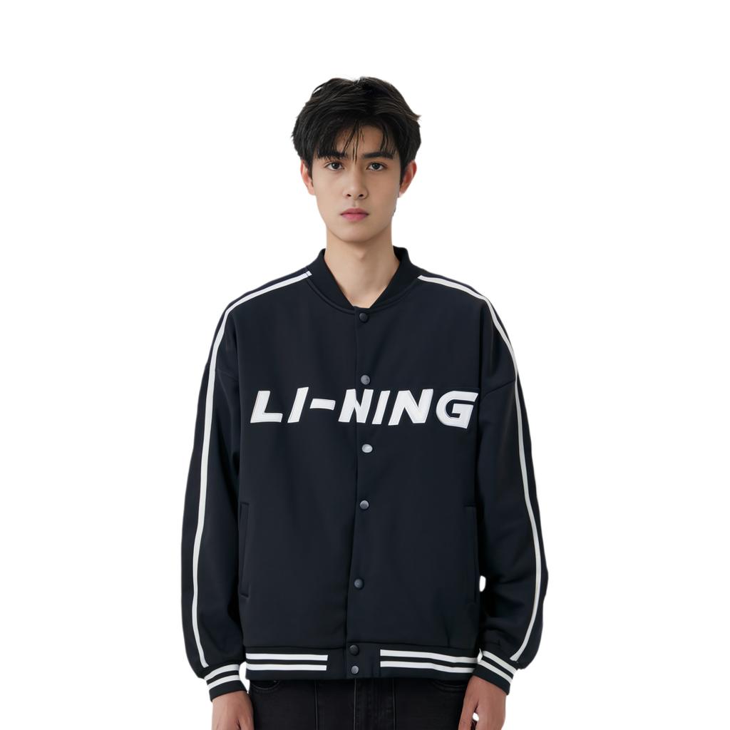 LiNing Sports Fashion Series Color Block Letter Baseball Collar Long Sleeve Jacket Unisex Jacket Black AWDU939-2