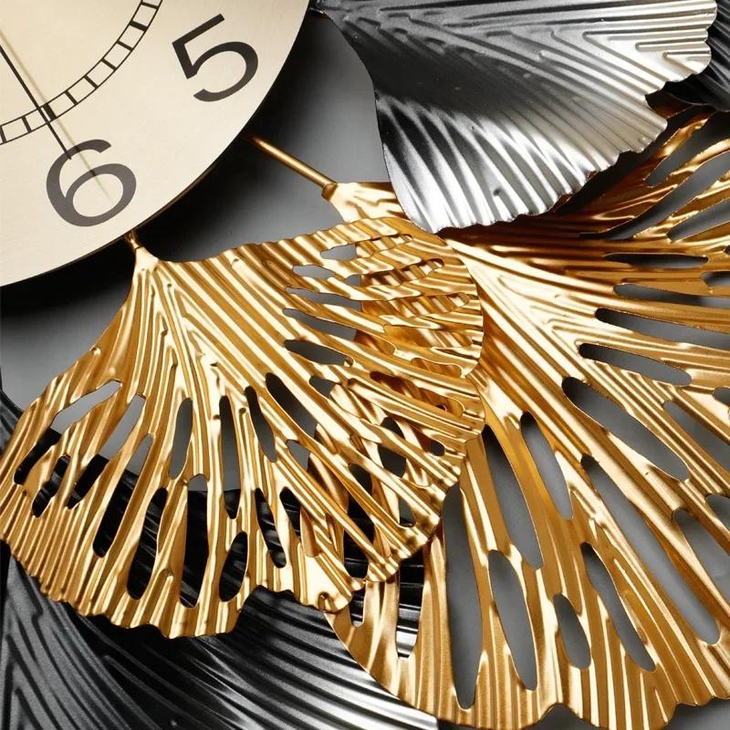 Metal Wall Clock Circular American European Creative Ginkgo Leaf Wall Clock Fashion Living Room Decoration Luxury Art WallL7O9F5