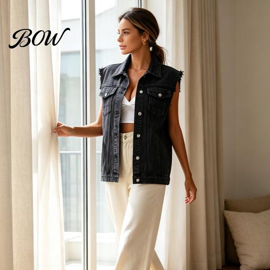 Soft Demin Vest Women Sleeveless for Summer, Button Down Casual Jean Jacket, Frayed Lapel Waistcoat Top with Pockets