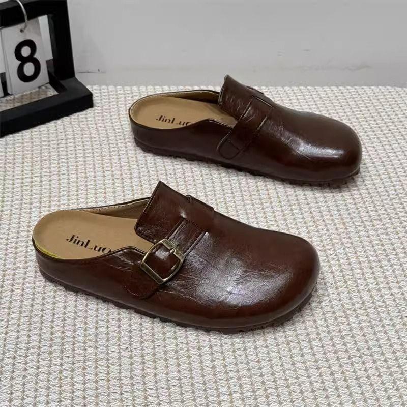 Flat-bottomed Bag Head, Half Slippers, Women's Outer Wear, Spring 2025 New Retro Flat-bottomed Lazy Black One-pedal Muller Shoes