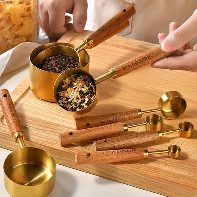 8Pcs Wooden Handle Measuring Spoon Stainless Steel Coffee Bean Powder Cup Tea Roasting and Seasoning Tools Kitchen Accessories