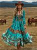 2026 Women's Spring/Summer V-Neck Long Sleeve Dress with Creative Pattern Background