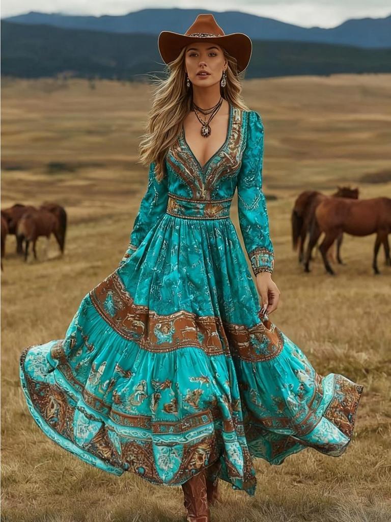 2026 Women's Spring/Summer V-Neck Long Sleeve Dress with Creative Pattern Background