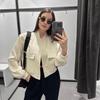 Women Autumn Black Pockets Bomber Jacket Coat Vintage Long Sleeve Front Button Female Outerwear Chic Tops