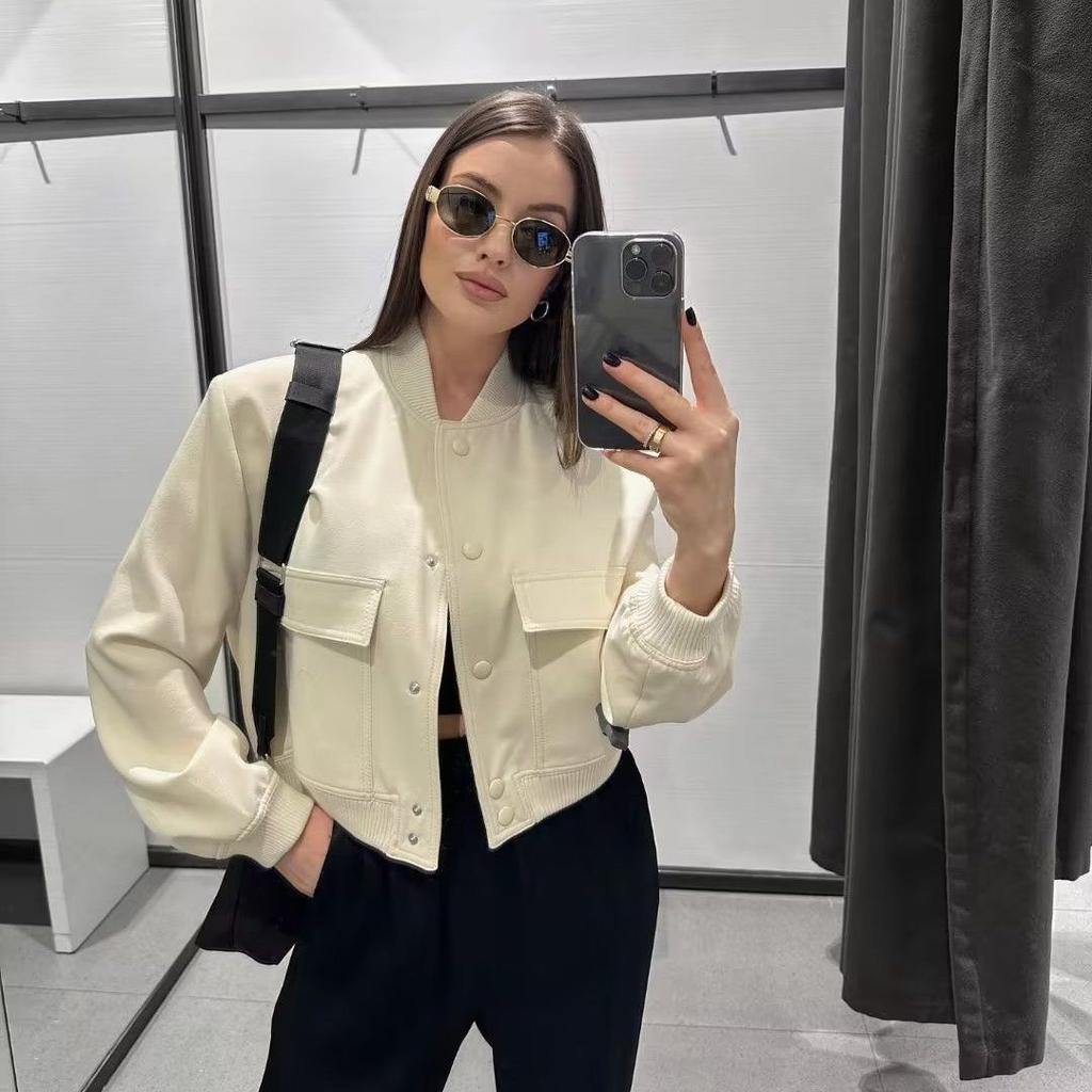 Women Autumn Black Pockets Bomber Jacket Coat Vintage Long Sleeve Front Button Female Outerwear Chic Tops