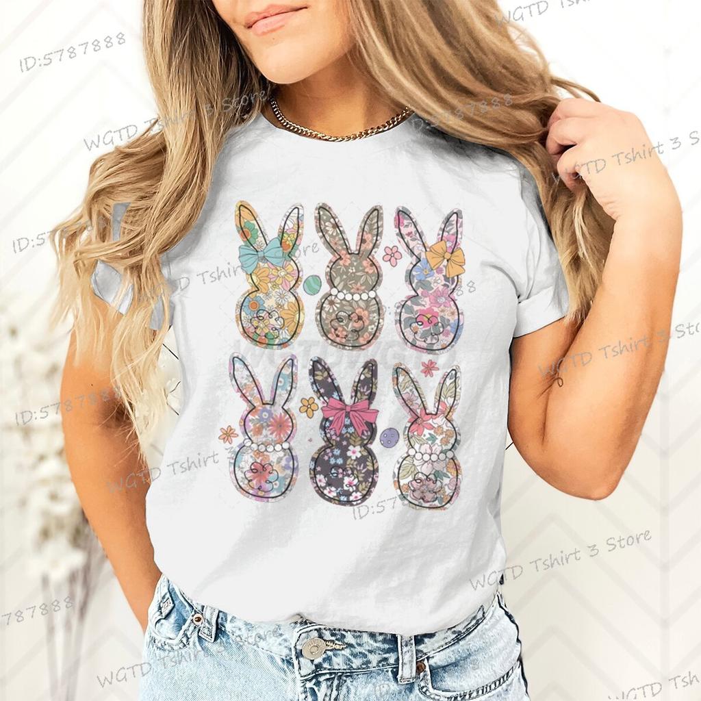 Retro Easter Bunny Floral Design Women Tshirt Graphic Gift for Easter Day Classic Tops Tees Flower Abbit Bunny Vintage T Shirts