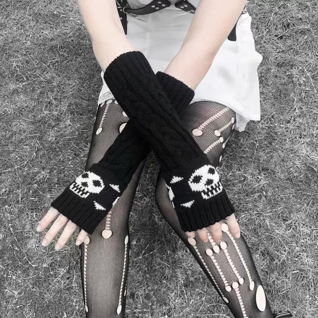 Y2K Punk Harajuku Skelett Gothic schwarze gestrickte plissierte Handschuhe gepaart mit Ärmelstulpen für winterliche Wärme