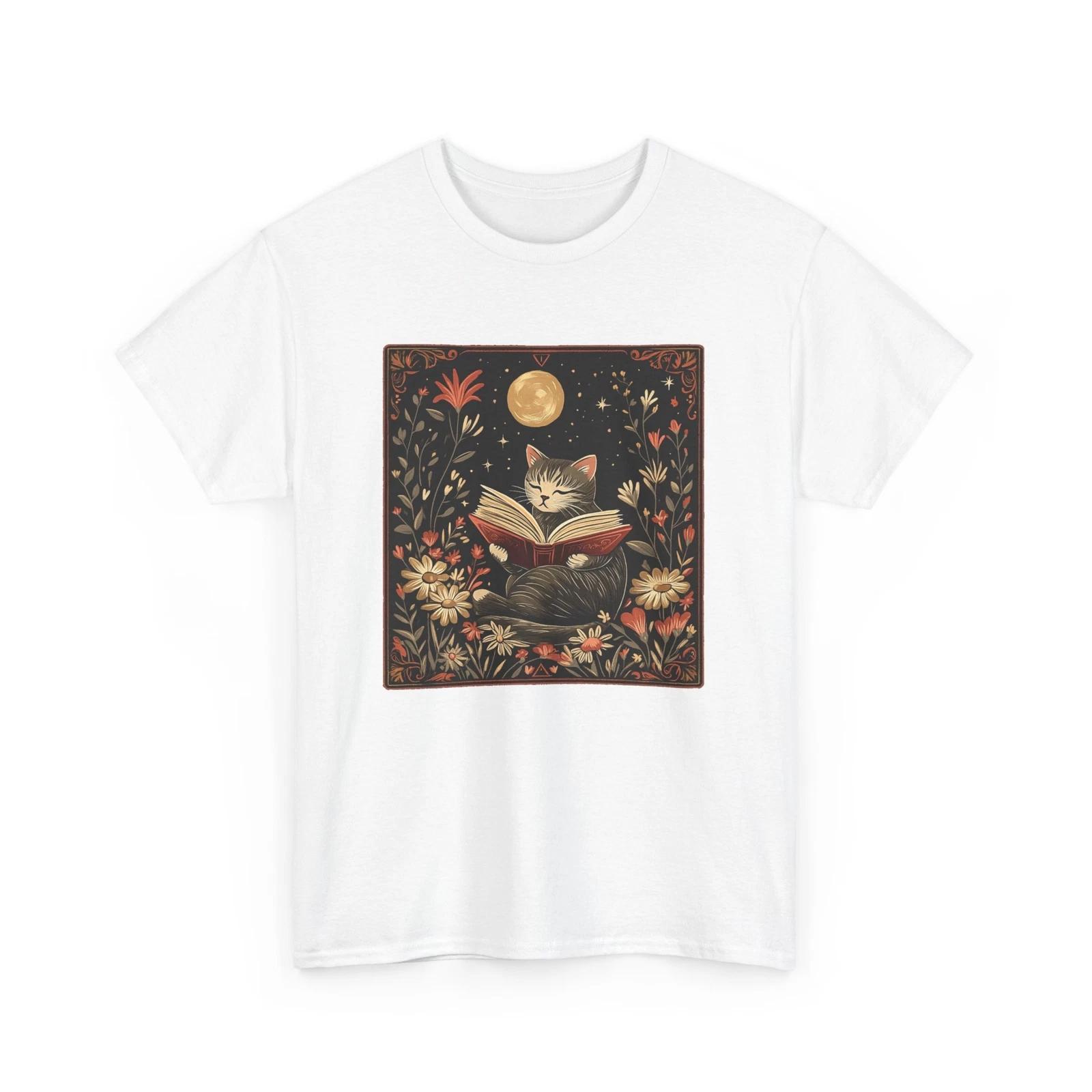 Cat Reading a Book Boho T-Shirt Whimsical Cozy Book Lover Shirt S