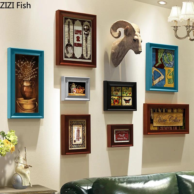 9 Pcs-set Wall-mounted Photo Frame Mural Vintage Wood Picture Frames Figure Portrait Framed Art Living Room Decoration Ornaments