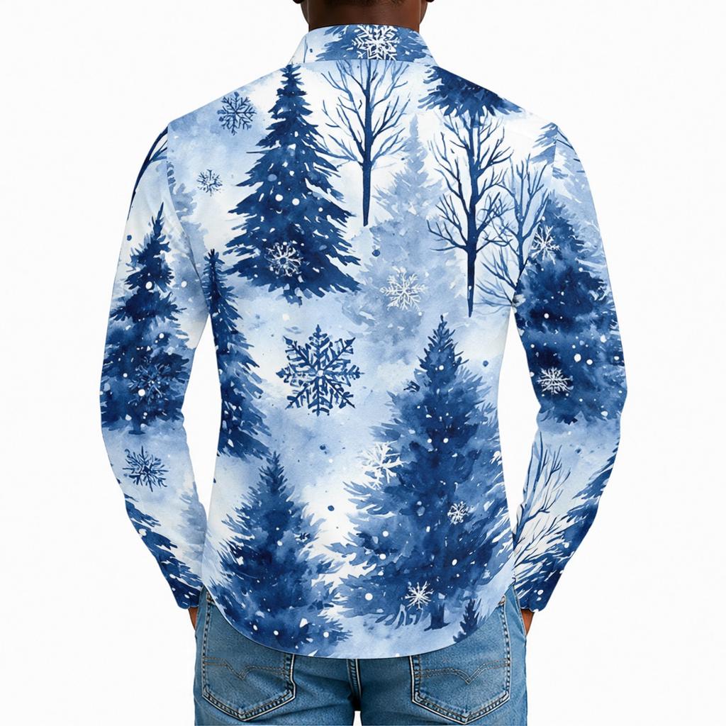 Men's Casual Long Sleeve Shirt with Christmas Print for Spring and Daily Wear