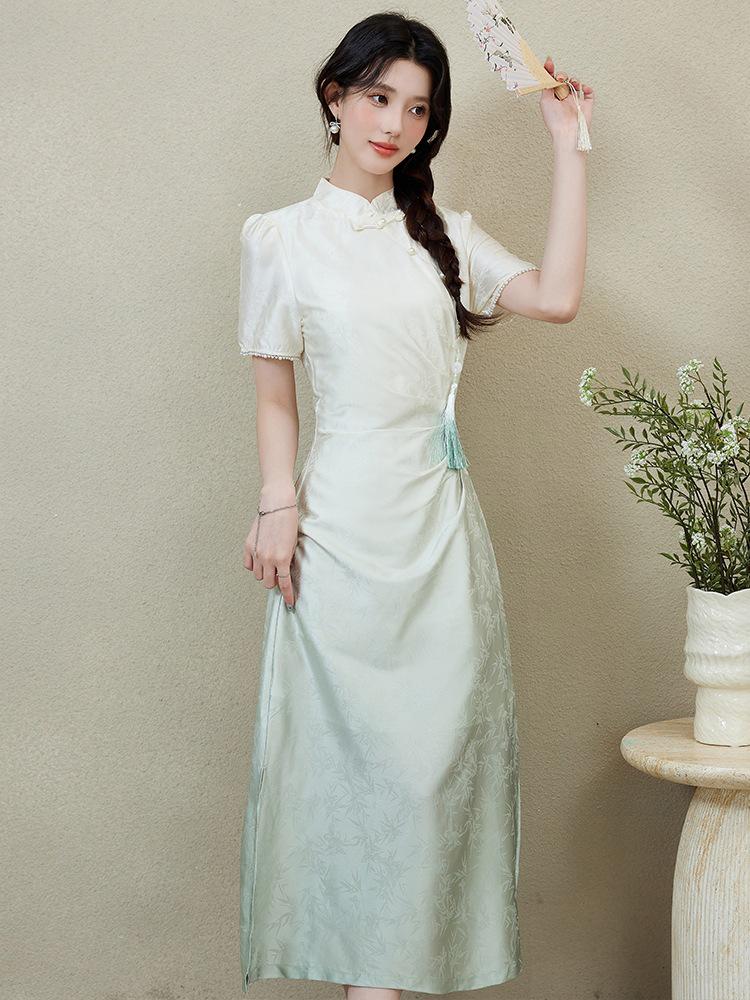 Elegant Summer Women's Qipao Dress - Short Sleeve Gradient Jade