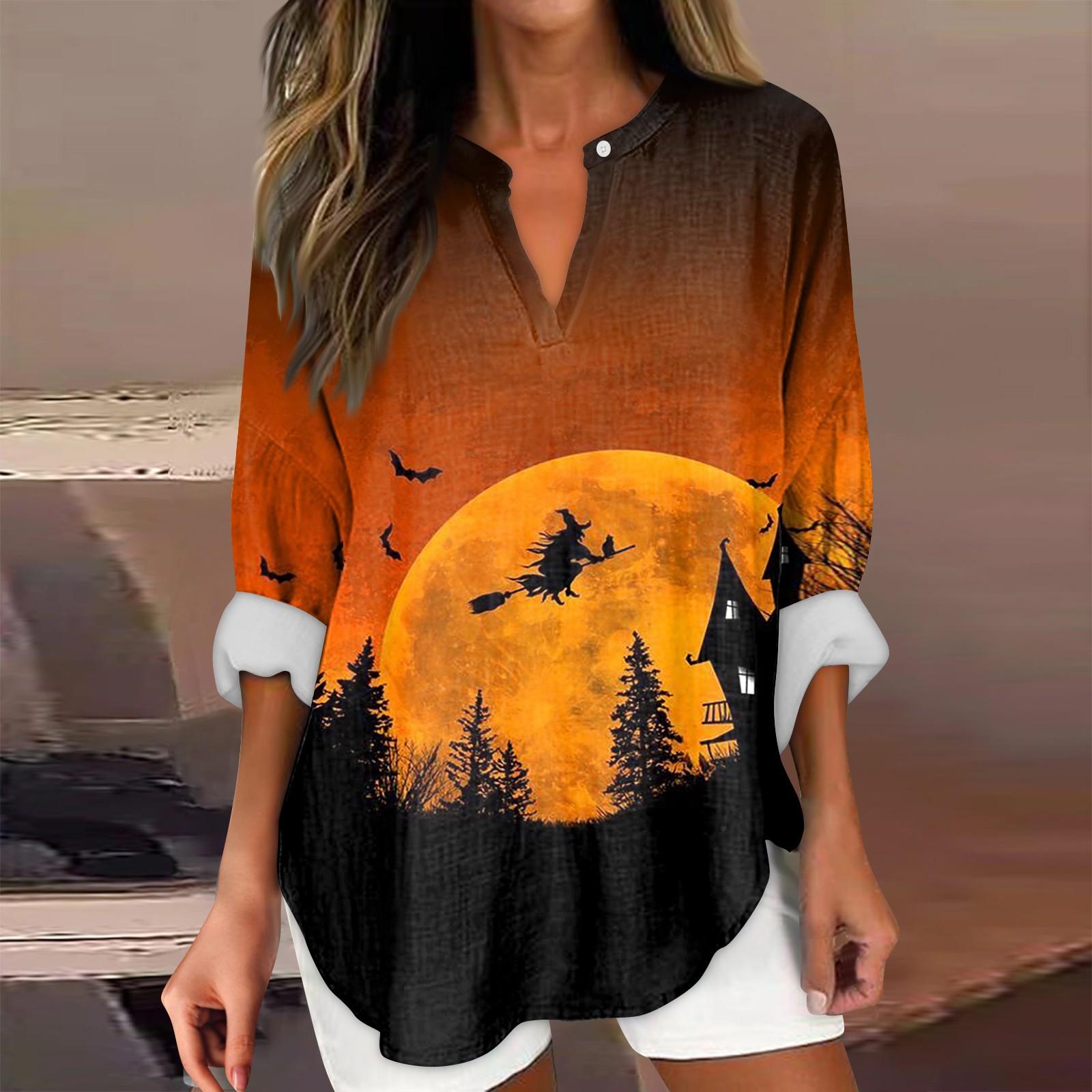 

Женские модные повседневные женские топы с v-образным вырезом и длинным рукавом с принтом на Хэллоуин XL чёрный