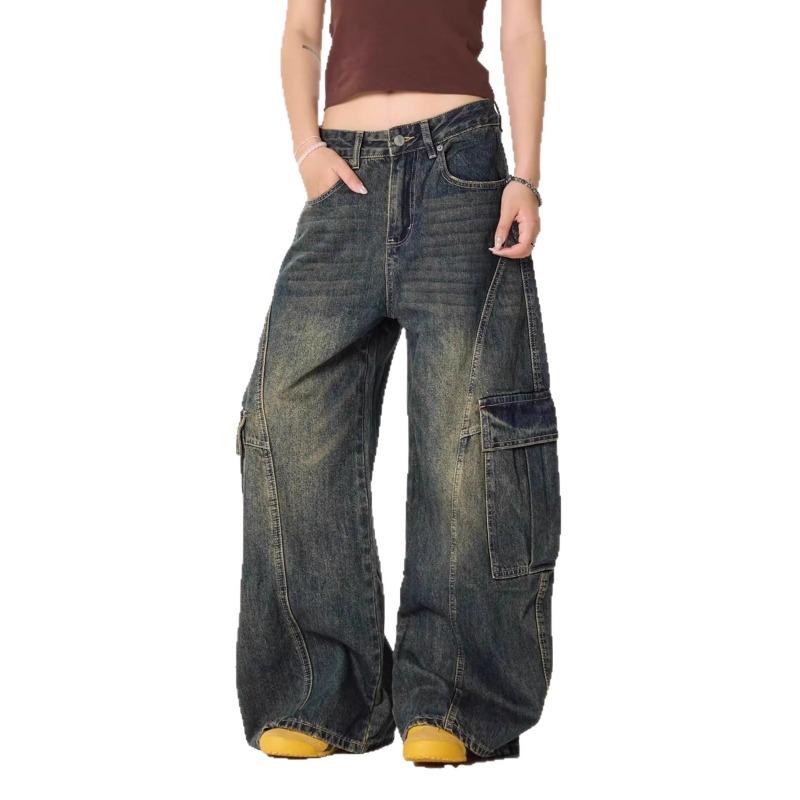 Retro big pocket washed old loose wide leg tooling jeans men's and women's nostalgic blue scimitar pants