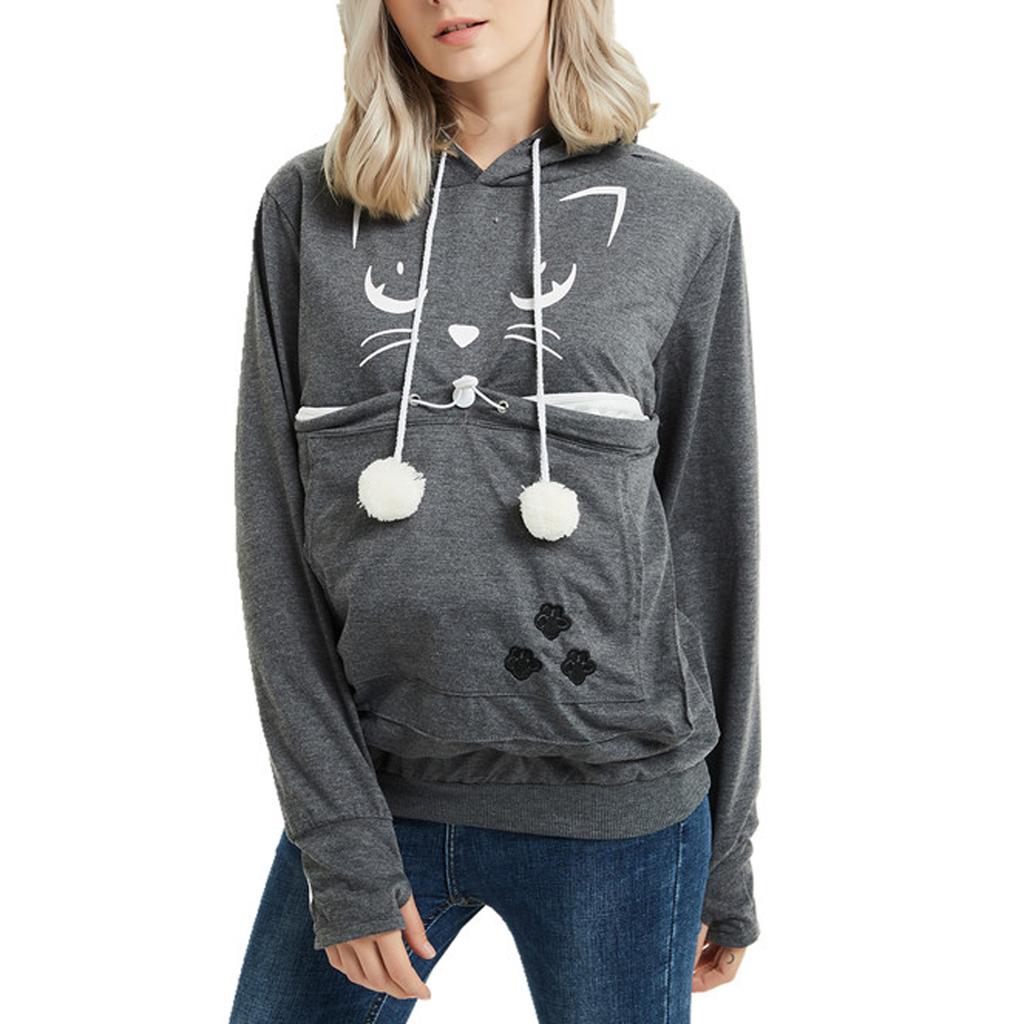 Women's Fashion Casual Top Solid Color Long Sleeve Pet Pocket Hoodie Sweatshirt