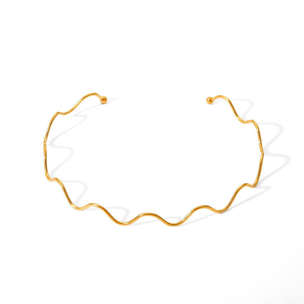 18K Gold Choker Necklace: Stainless Steel Wave Design, Non-Fading, Titanium Chain for Women.