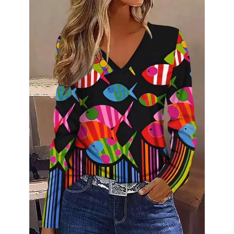 Art Graffiti Printed V-neck Top Women's Personalized Long Sleeve Fashion T-shirts