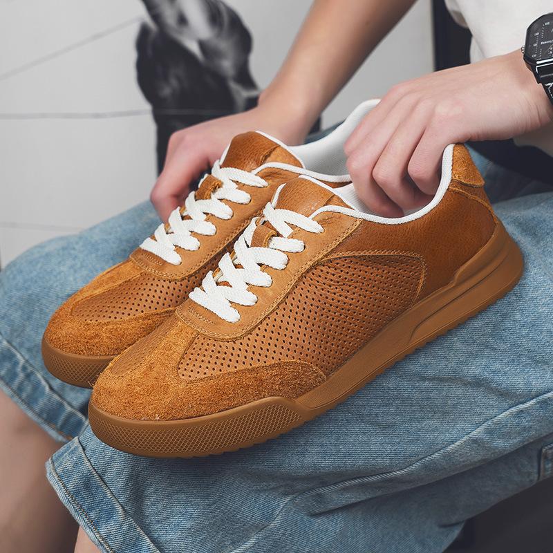 

Board shoes men s 2025 summer new leather German training shoes high-end breathable casual shoes men s white shoes hollow soft sole 44 жёлтый