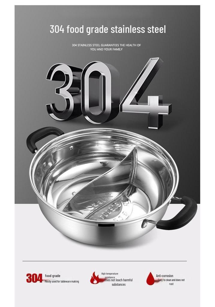 Double Flavor 304 Stainless Steel Hot Pot with Handles - Large Capacity for Clear Soup & Spicy Pot, Induction Cooker Compatible
