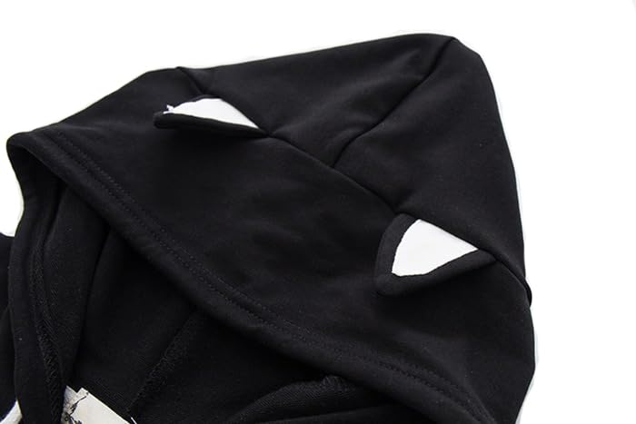 L-Stoppastow Women's Hooded Hoodie, Spring/Autumn, Long Sleeve, Cat Print Pullover, Forest Girl Style, Cat Ears, Cute, Black, Size S