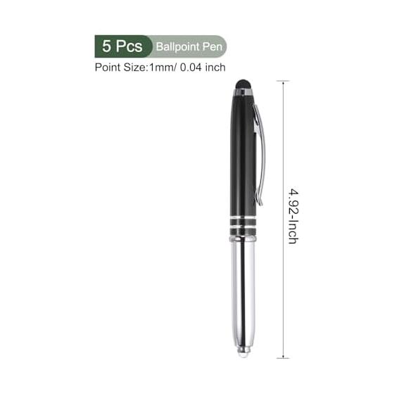 YOKIVE 5-Pack Pens with Stylus and LED Light, 3-in-1 Black Ink Metal Ballpoint, 1.0mm Medium Point, Touchscreen Compatible (Black)