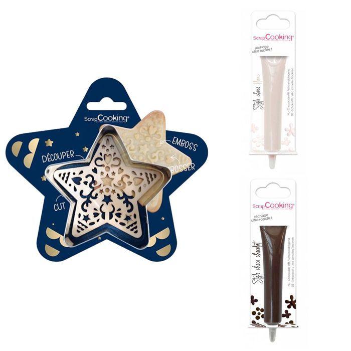 Kit pour biscuit en relief Étoile + 2 Stylos au chocolat blanc et marron