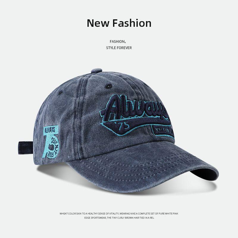 

Washed Denim Baseball Cap Letters Embroider Fashion All-Match K-style plus Size Deepening Big Head Circumference Cover Face Baseball Cap ALW duck tongue-denim blue All yards