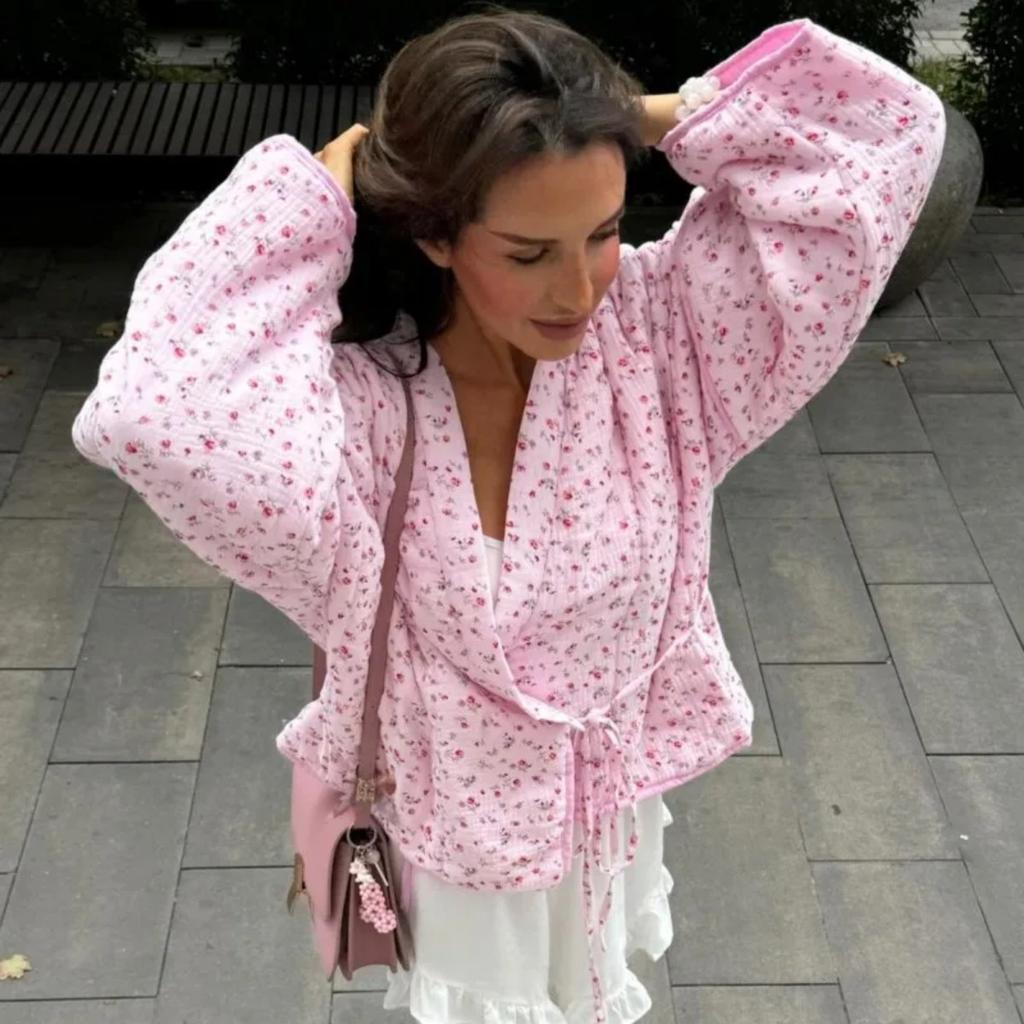 VAYLA Floral Printed Women's Cardigan Cute Lace up Pink Women Coat Casual Loose Autumn Warm Coats Fashion New Ladies Coats Outerwear