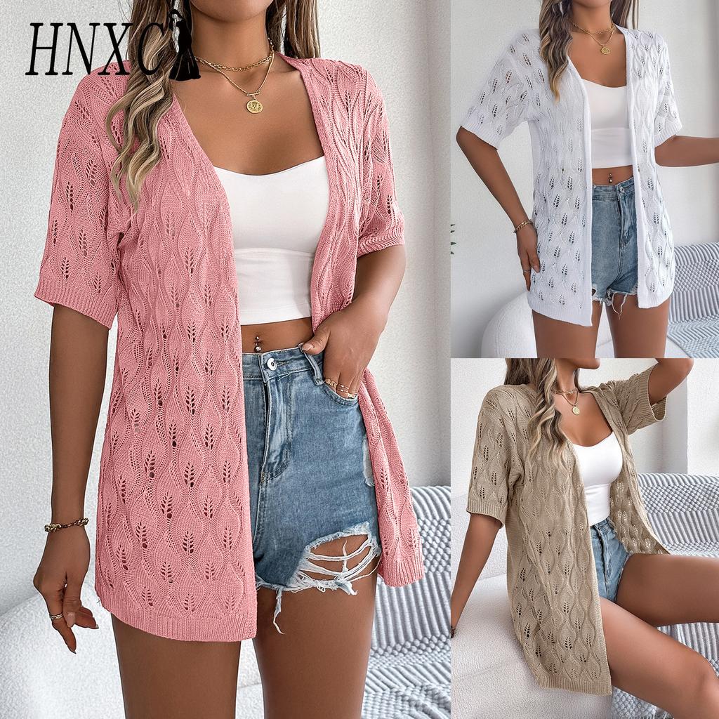 HNXC Summer Cut-out Leaf Short-sleeved Knitted Cardigan for Vacation Sun Protection Women's Wear