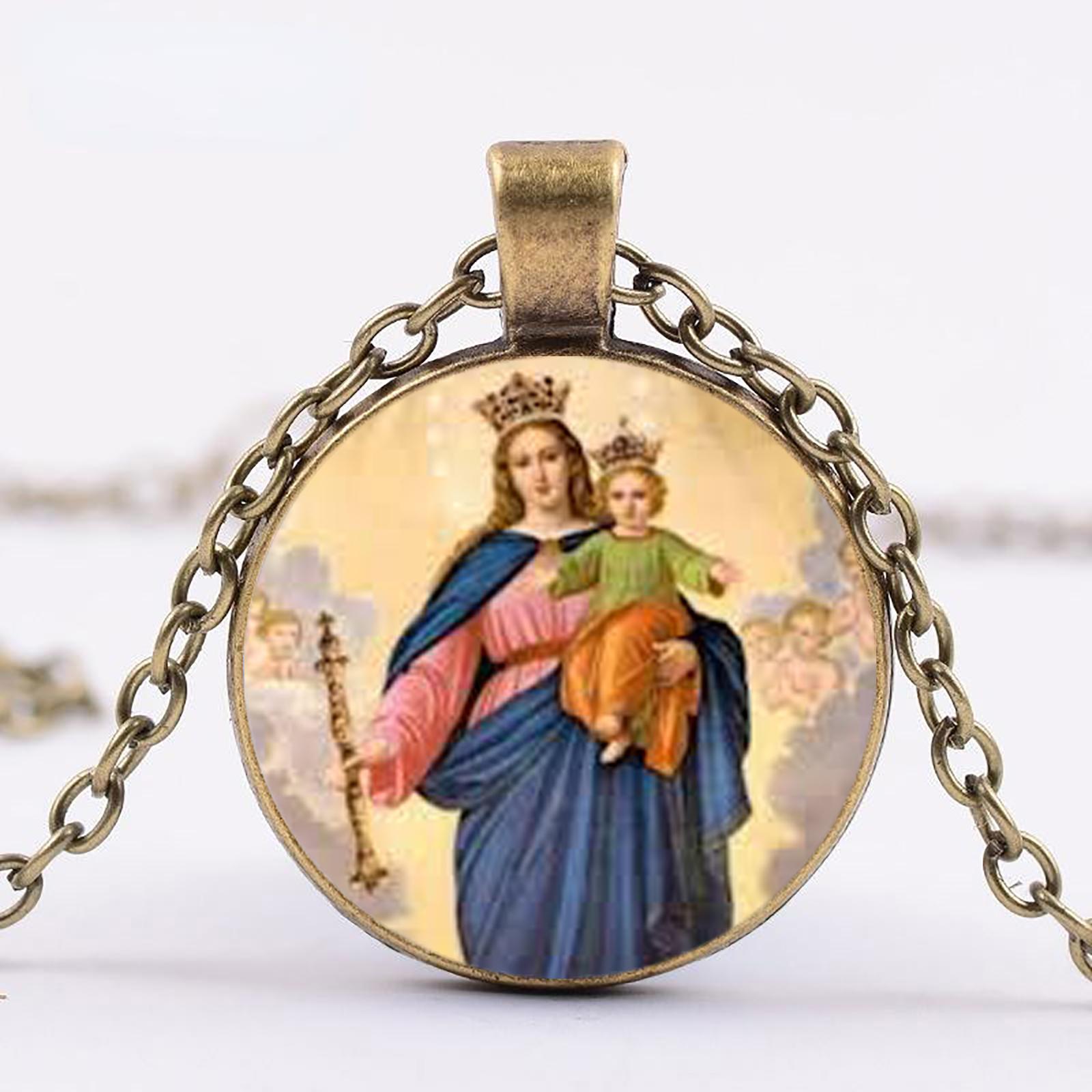 Круглая стеклянная подвеска с изображением Девы Марии и младенца Иисуса, счастливое ожерелье, подходящее как для мужчин, так и для женщин.