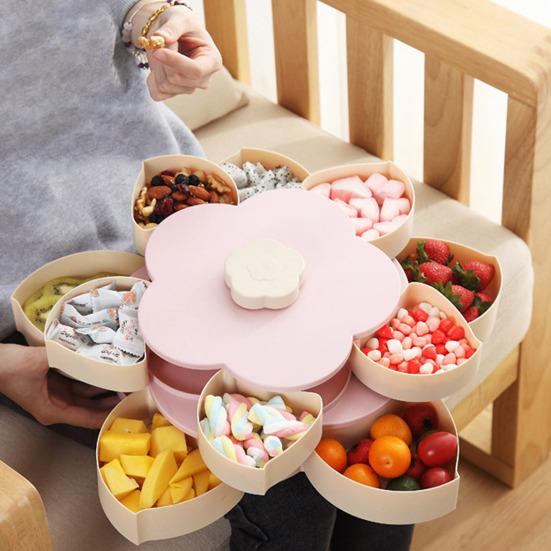 Rotating Fruit Plate with Lid 10 Divided Compartments Easy to Clean Snacks Dips Party Appetizers Plastic Snack Tray