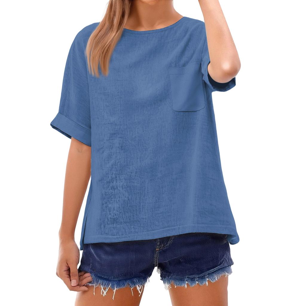 Fashionable Color Short Sleeve T-Shirt With Pocket Design, Fashionable Round Neck Lightweight Top For Women