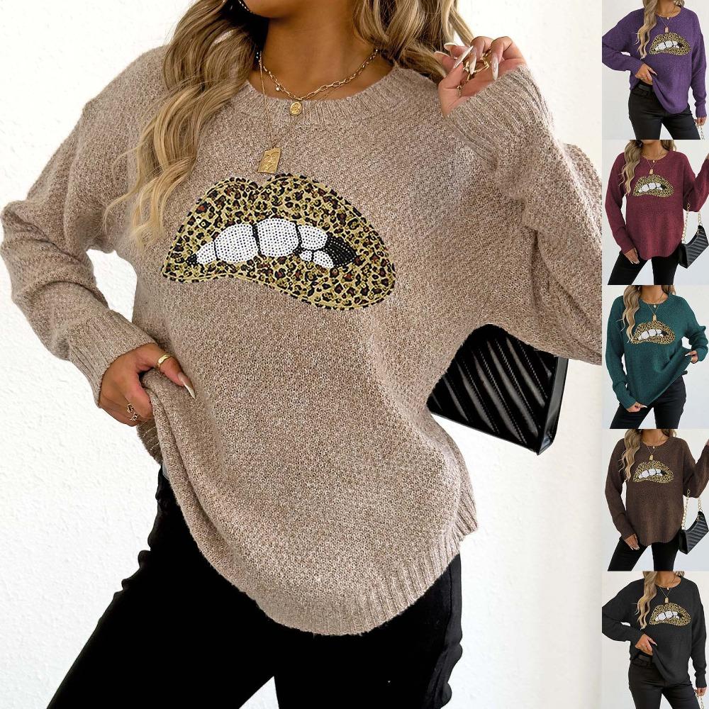 Women’s Leopard-Print Embroidered Sequinned Lips Statement Round-Neck Pullover