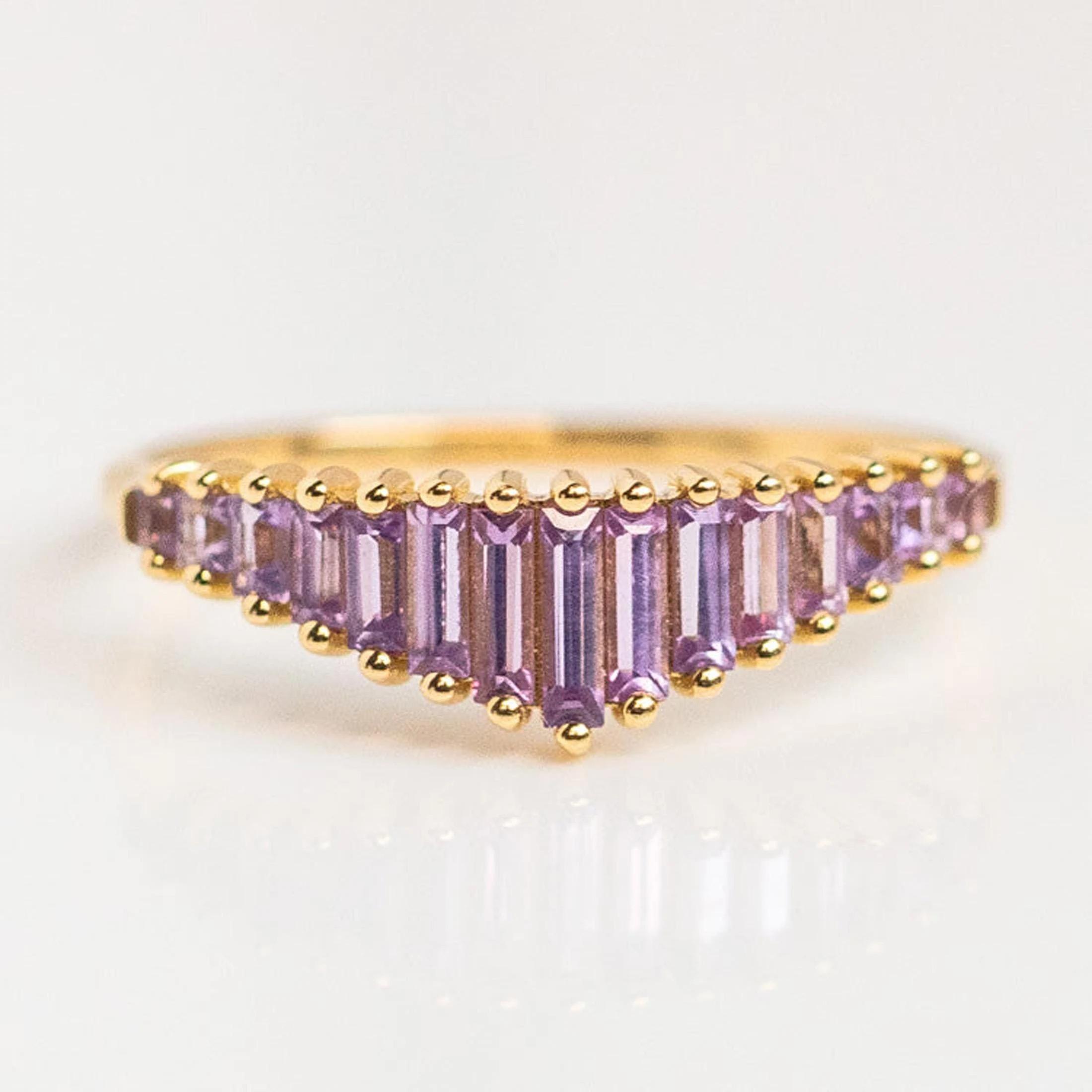 

Amethyst Chevron Band – Gold Plated V-Shaped Baguette Cut Ring, Purple Gemstone Stacking Wedding Band, Anniversary Gift for Women K