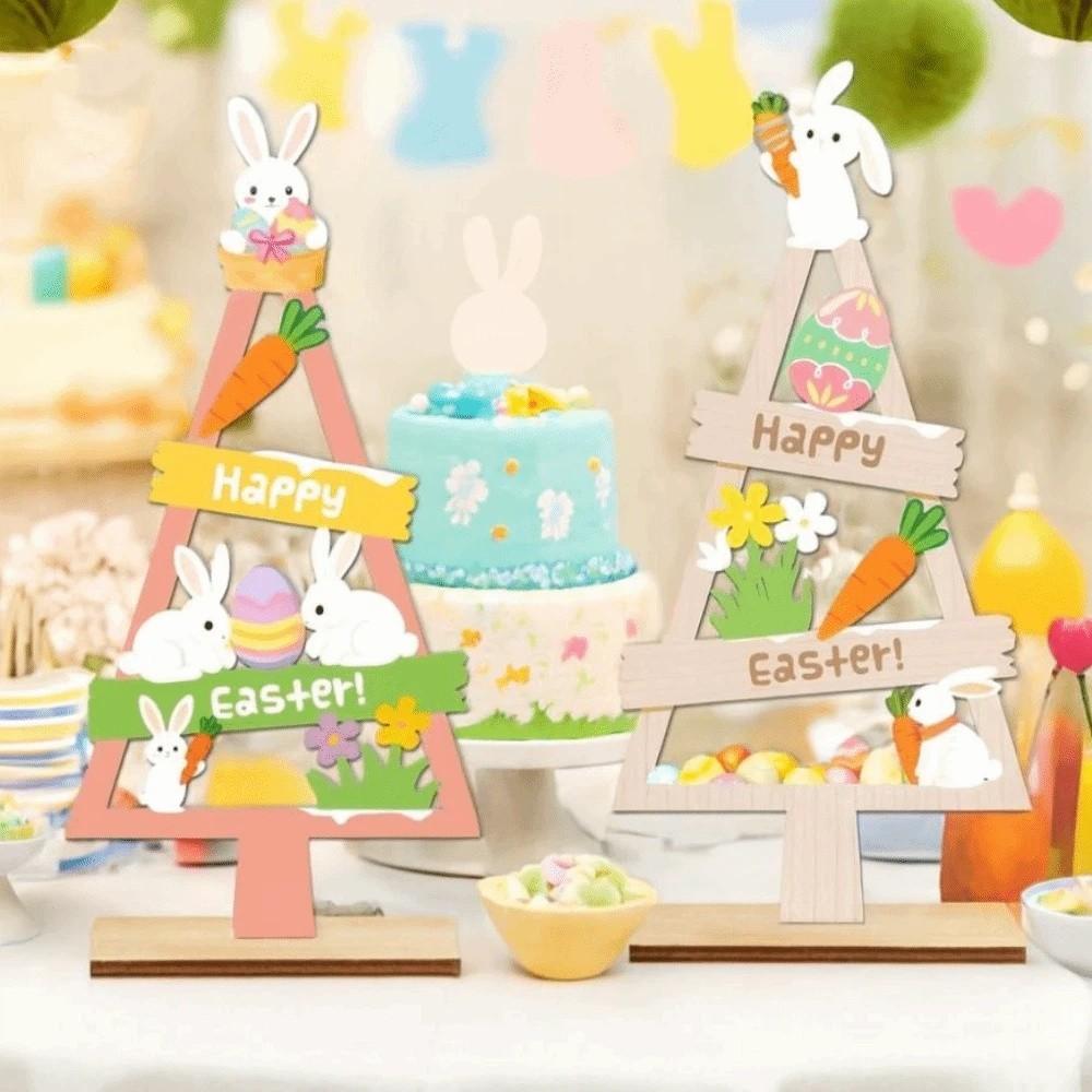 Cartoon Mini Easter Tree Ornament Handmade Blessing Wooden Rabbit Figurines Colorful Bunny Eggs Decorations Home Decoration