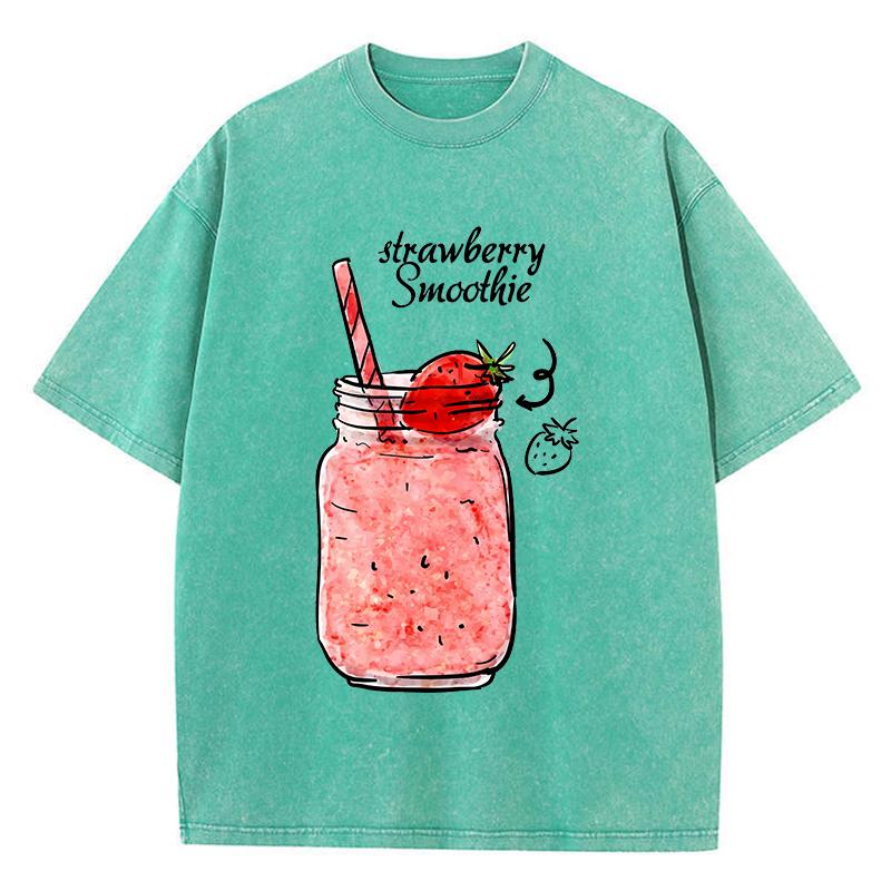 Strawberry Smoothie Print Washed TShirts Womens Cotton Tops Comfortable Distressed ONeck T Shirts Summer Casual Woman Clothes
