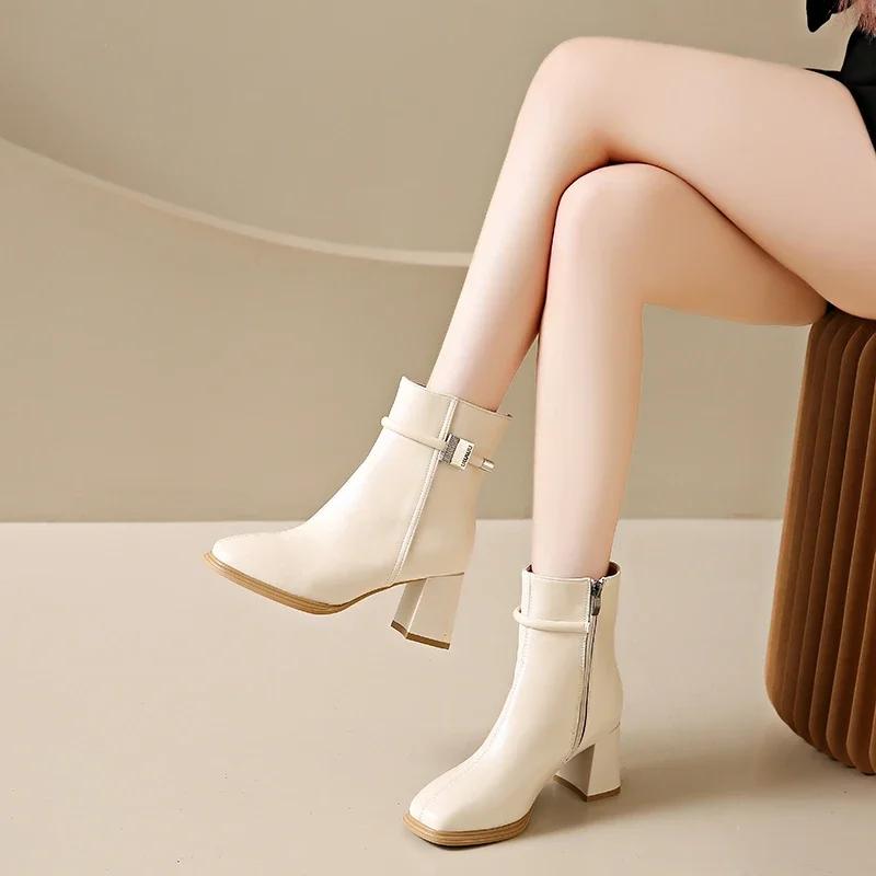 Fashion 2024 Hot Sale Shoes Female Side Zipper Women's Boots Fashion Metal Decoration Office and Career New Pointed Toe Ankle Boots