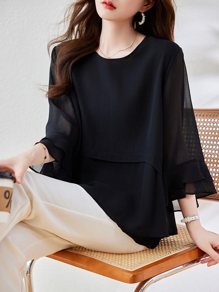 

Женская черная шифоновая блузка: Элегантный, Свободный крой, Стройнящий, Омолаживающий, Коллекция 2025 XL