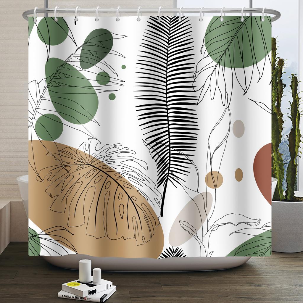 Mid Century Abstract Boho Shower Curtain Green Leaf Plant Modern Arch Sun Minimalist Nordic Waterproof Bathroom Bath Curtain